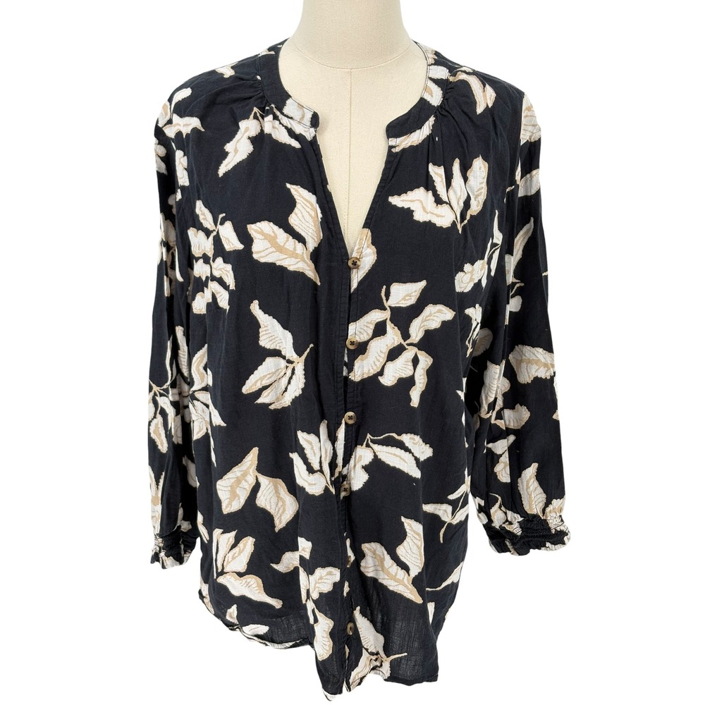 Sonoma Goods For Life Blouse Black Leaf Print Smocked Cuff XXL